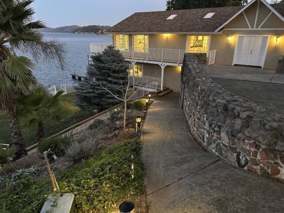 Lakefront home at dusk