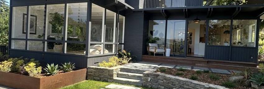 Modern home and garden at golden hour